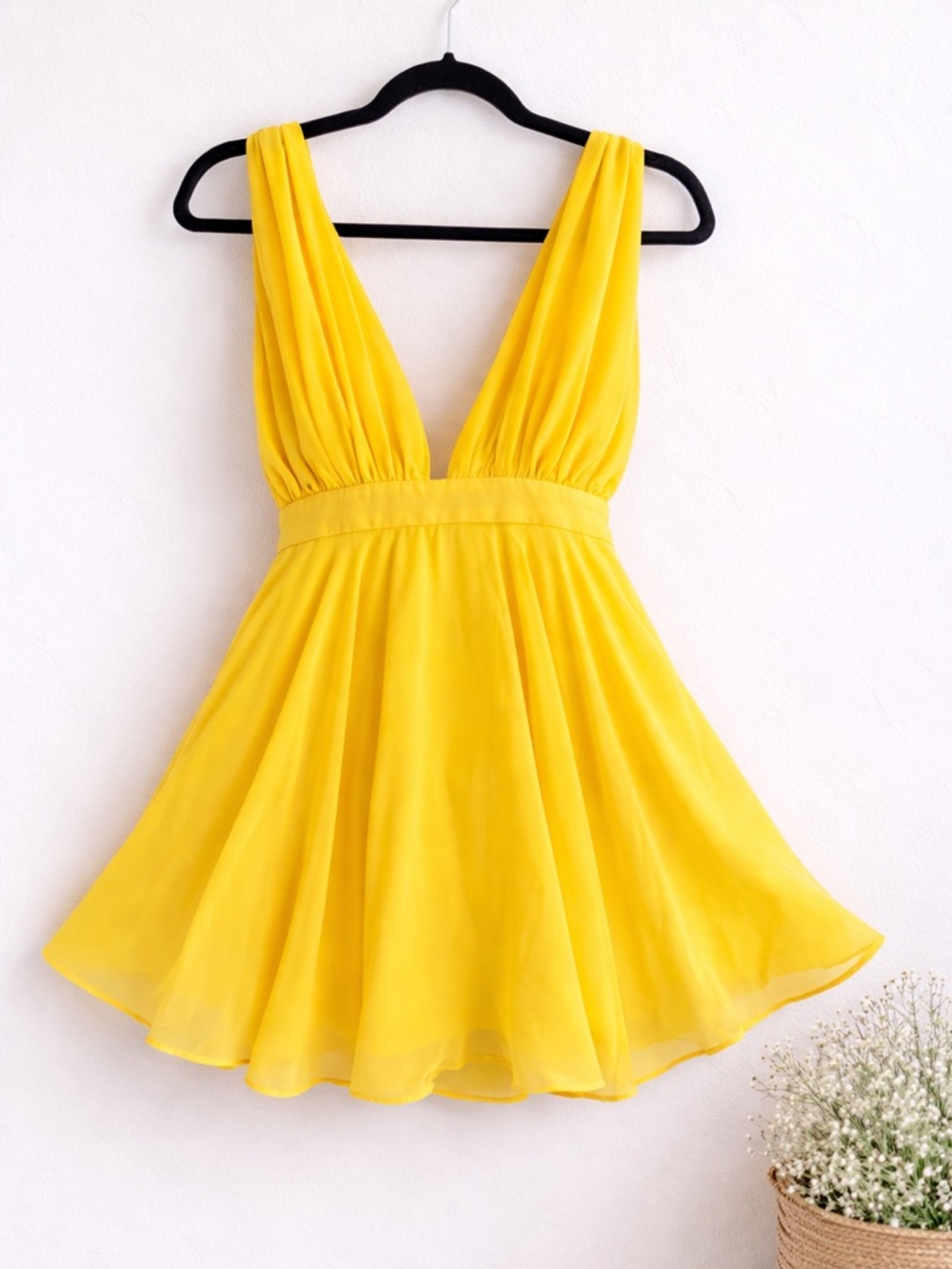 Bright Yellow V-Neck Mini Chiffon Dress